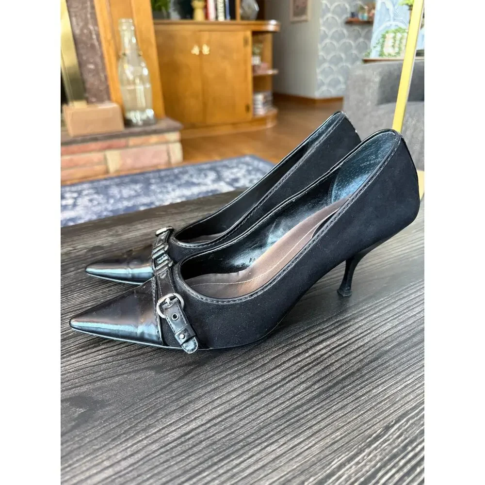 Linea Paola Y2K Suede and Patent Mini Leather Buckle Stiletto Heels Sz. 9
